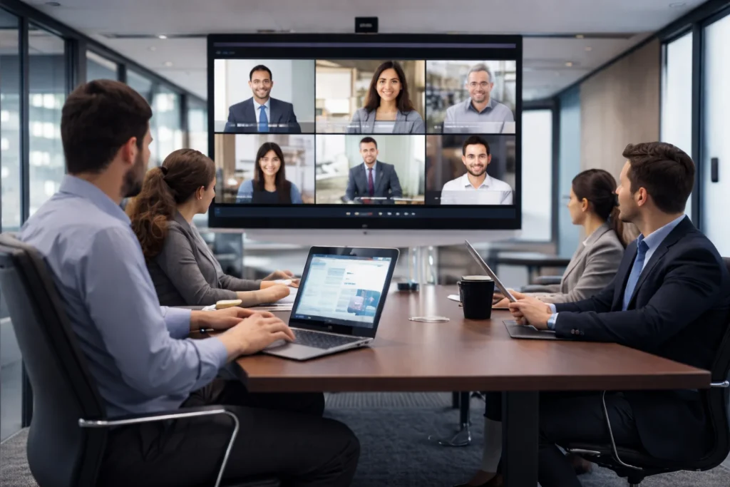 Modern corporate meeting room with professional video conferencing and display systems installed by AV companies in Abu Dhabi