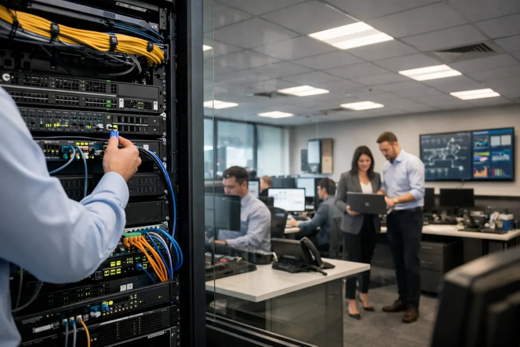 Infrastructure and networking Abu Dhabi for modern corporate offices, featuring structured cabling, server racks, and enterprise network management supporting daily business operations.