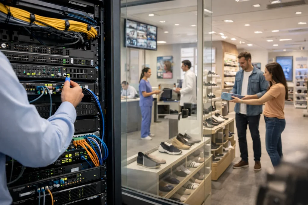 Infrastructure and networking Abu Dhabi for retail stores and clinics, showcasing reliable network cabling, server infrastructure, and secure connectivity for commercial environments.
