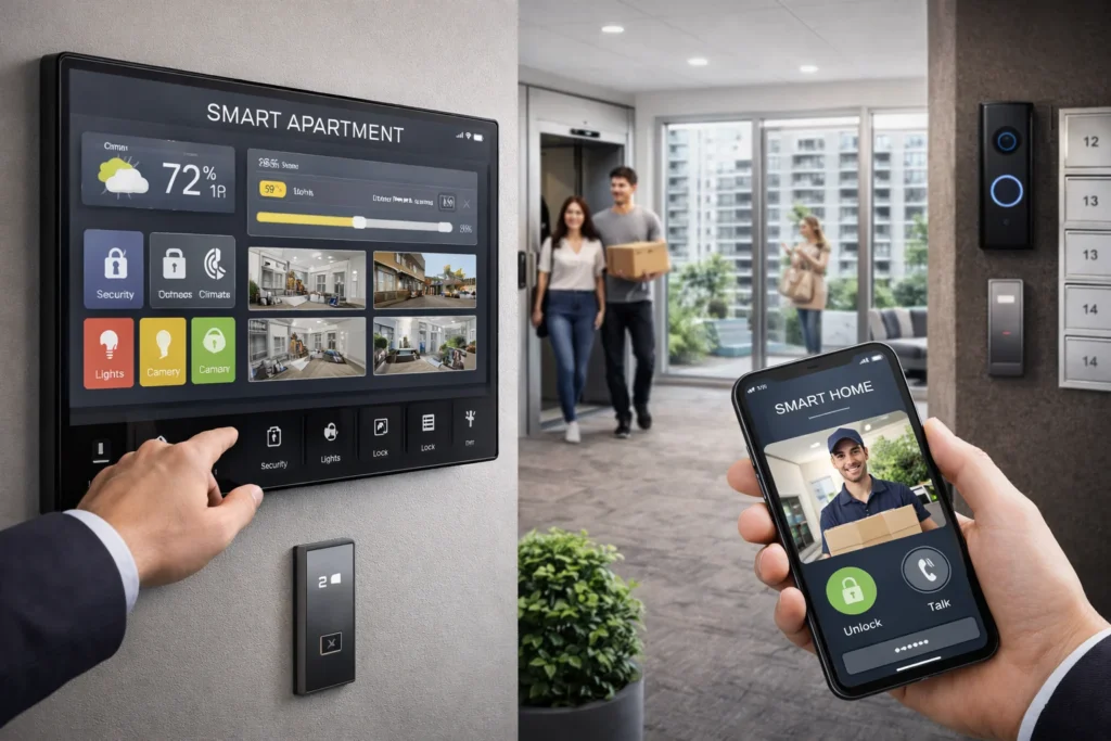Smart home automation system controlling lighting, climate, security, and access in a modern corporate office environment