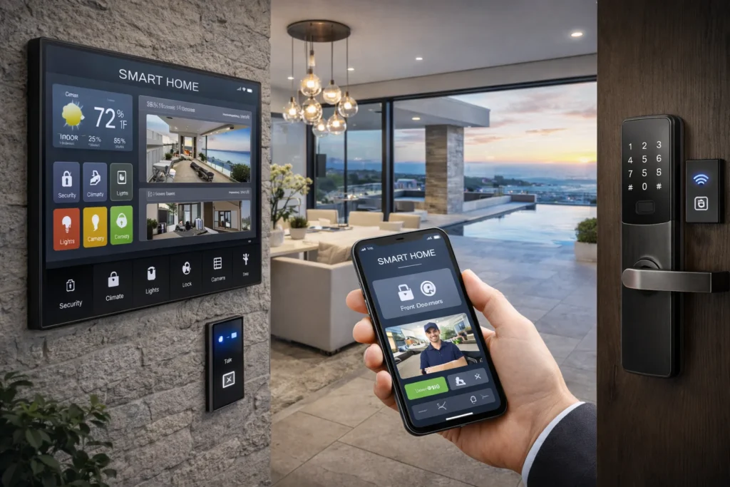 Luxury smart home automation setup managing lighting, security, and access in a high-end custom residential property