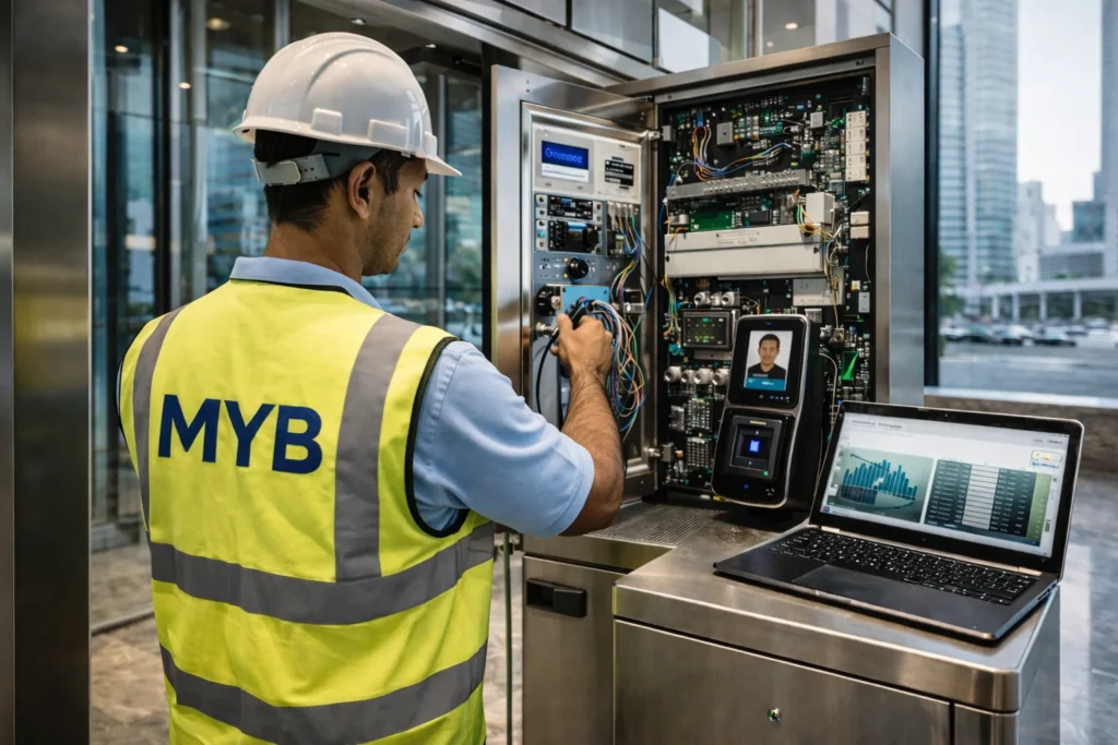 MYB access control system company technician installing secure enterprise system in Abu Dhabi