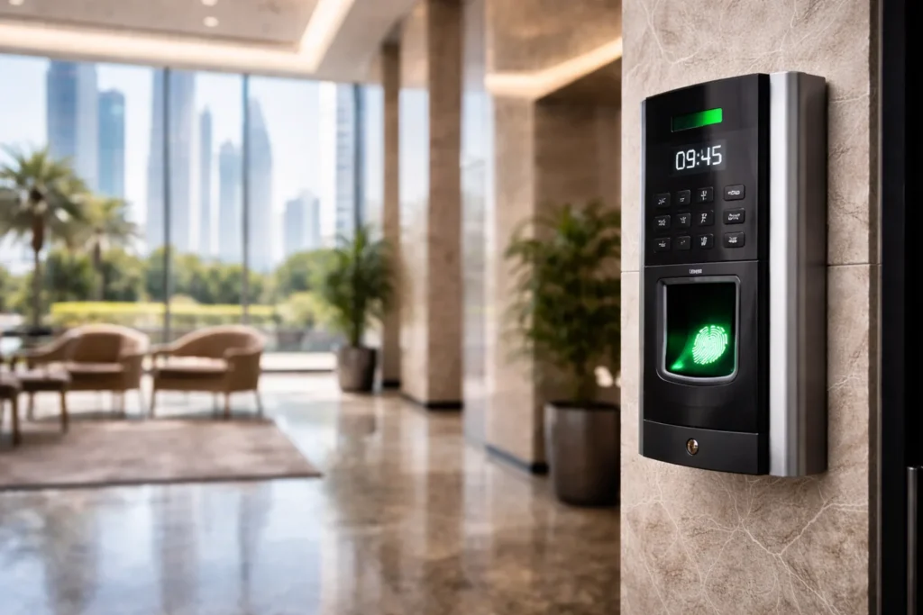 Biometric access control systems Abu Dhabi installed in modern office lobby with fingerprint authentication device