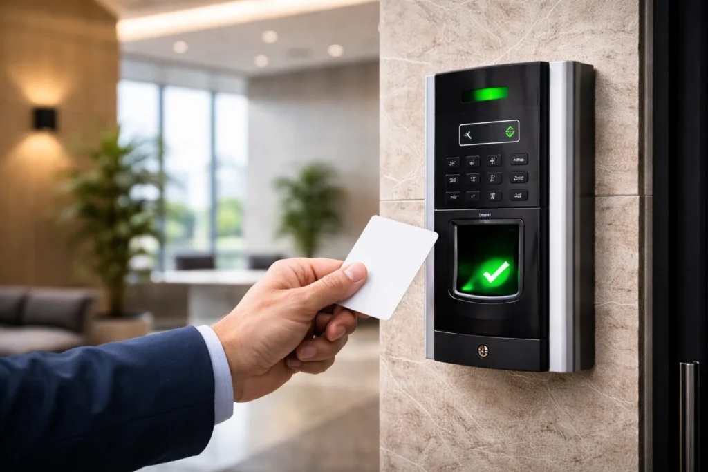 RFID card reader access control systems Abu Dhabi used in commercial office entrance