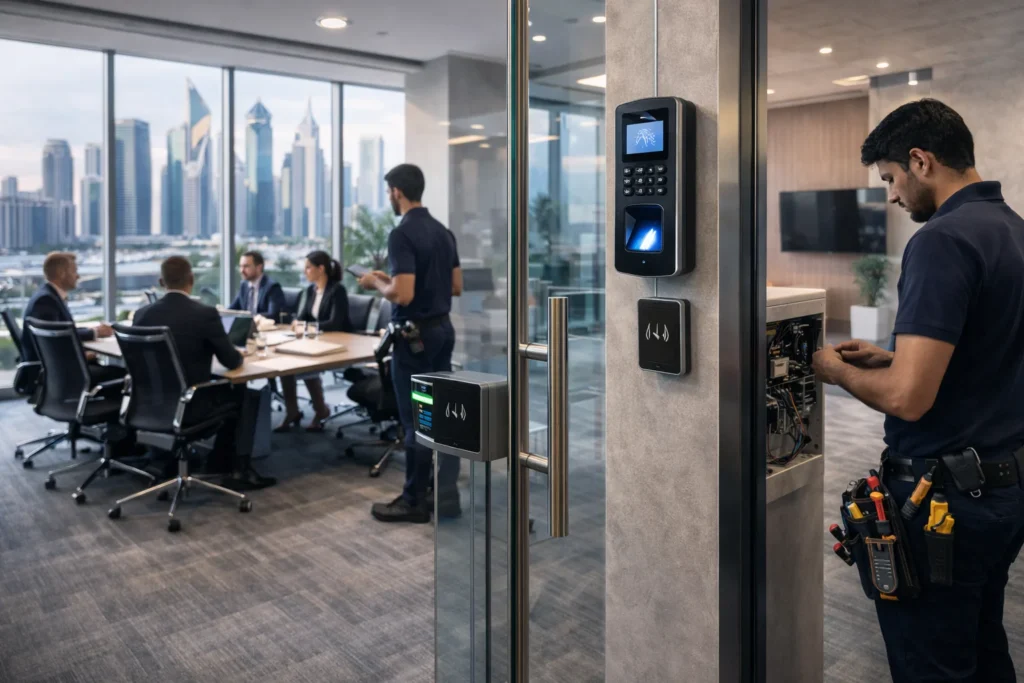 Biometric access control system installation in Abu Dhabi corporate office