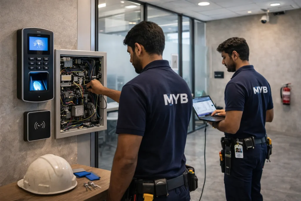 Technicians performing Access Control Maintenance in Abu Dhabi commercial facility