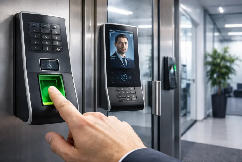 Fingerprint and facial recognition biometric access control Abu Dhabi office entrance