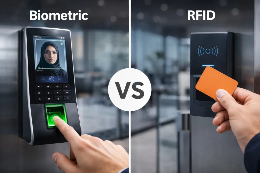 Comparison between biometric access control Abu Dhabi system and RFID card reader in commercial building