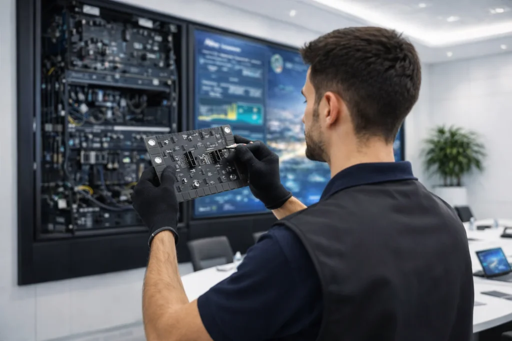 AV maintenance Abu Dhabi technician servicing LED wall panel installation