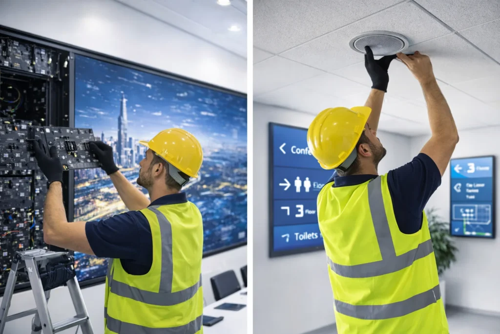 Structured AV cabling Abu Dhabi commercial ceiling tray installation for LED and AV systems