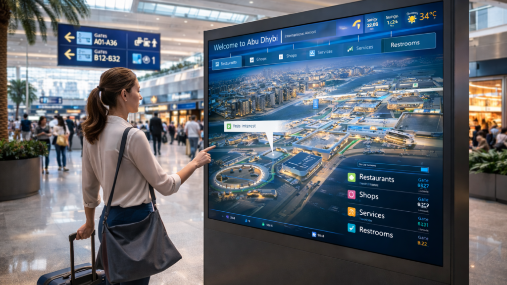Digital signage solutions Abu Dhabi interactive airport kiosk display