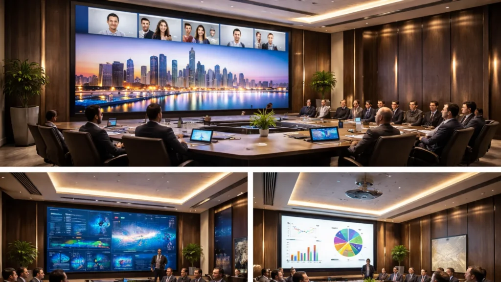 Boardroom AV setup Abu Dhabi executive meeting environment with LED display