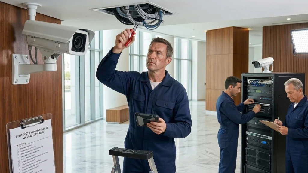 Verifying camera field of view and coverage zones using the ADMCC CCTV inspection checklist Abu Dhabi standards.