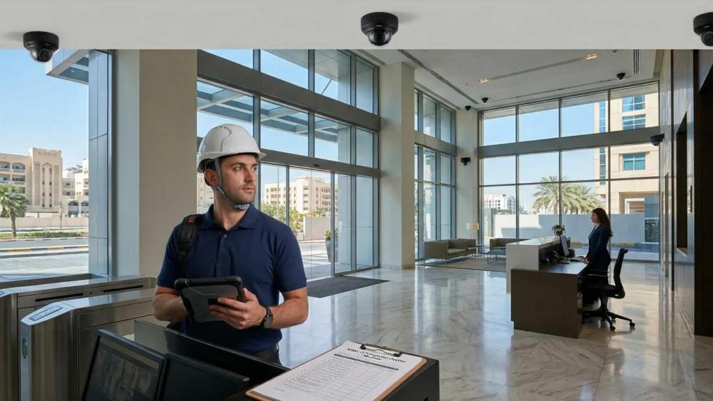Professional security technician following the ADMCC CCTV inspection checklist Abu Dhabi for commercial building compliance.