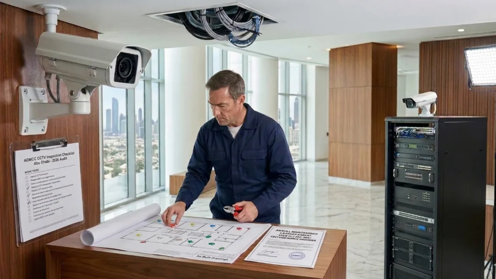 Reviewing mandatory AMC contracts and as-built drawings required by the ADMCC CCTV inspection checklist Abu Dhabi.