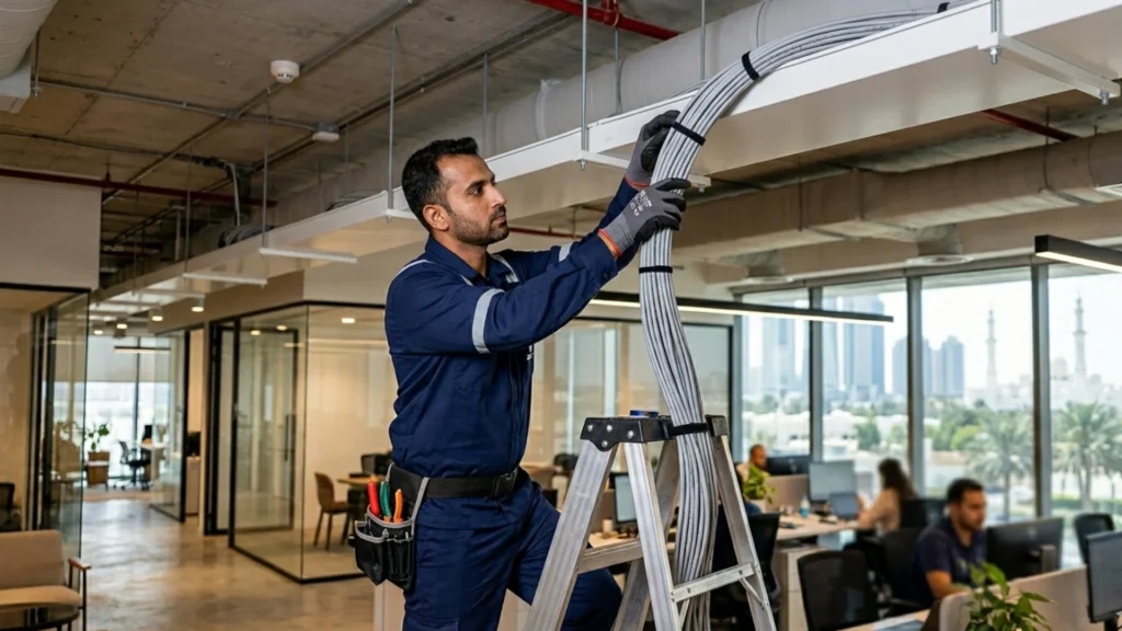 structured cabling Abu Dhabi technician routing Cat6A cables through ceiling tray in commercial office