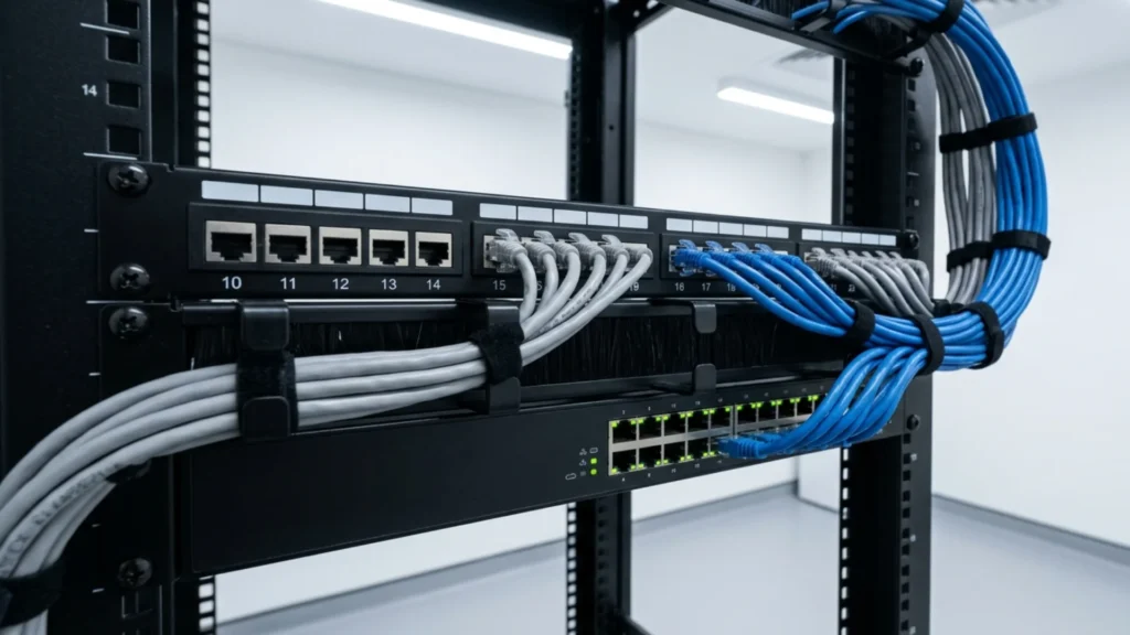 structured cabling Abu Dhabi Cat6A patch panel and network rack installed in commercial data room