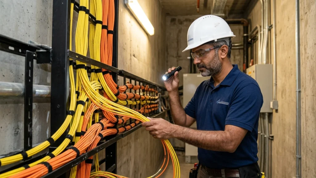 structured cabling Abu Dhabi fiber optic cables installed in commercial building backbone riser