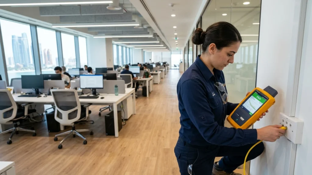 structured cabling Abu Dhabi engineer certifying network installation using Fluke DSX cable analyser