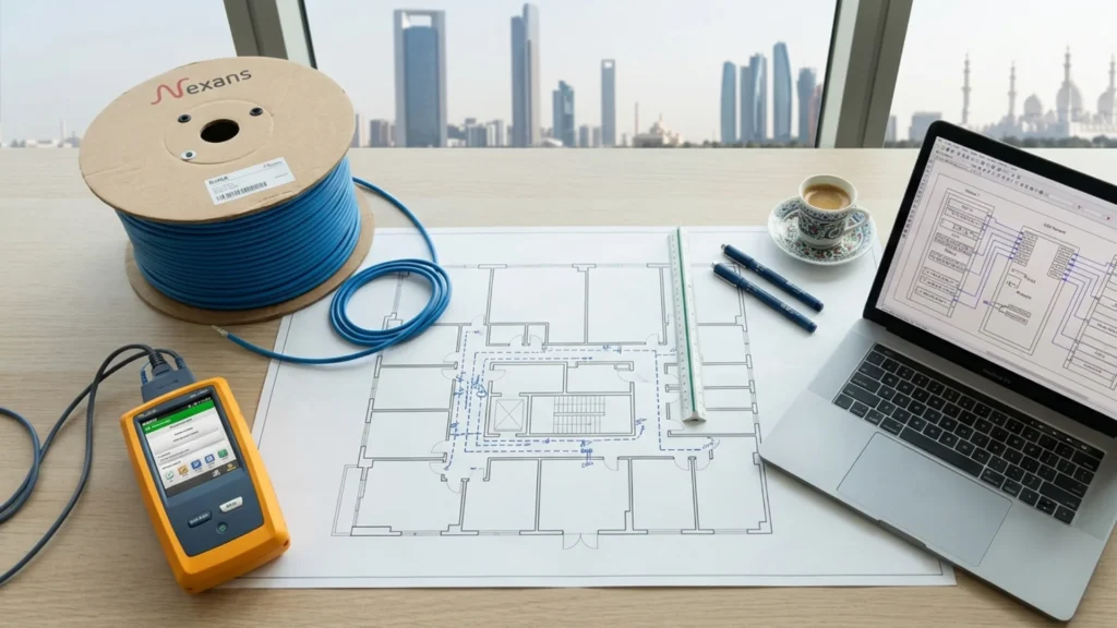 structured cabling Abu Dhabi project design plan with Cat6A cable and floor plan on engineering desk