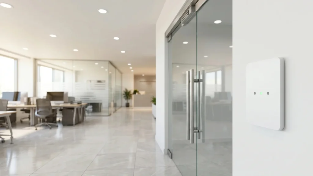 Paxton access control Abu Dhabi white proximity card reader mounted flush beside a modern glass office door in a premium corporate facility