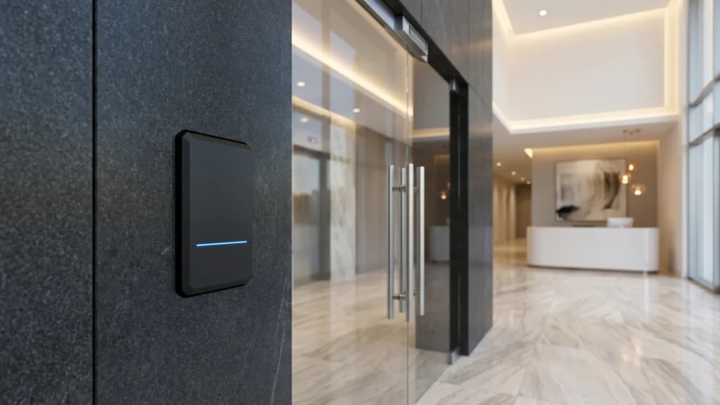 premium smart card access control reader mounted on a polished stone wall at a corporate tower entrance in Abu Dhabi
