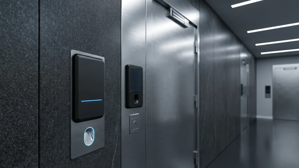 high security biometric access control terminal mounted beside a stainless steel security door in an Abu Dhabi facility